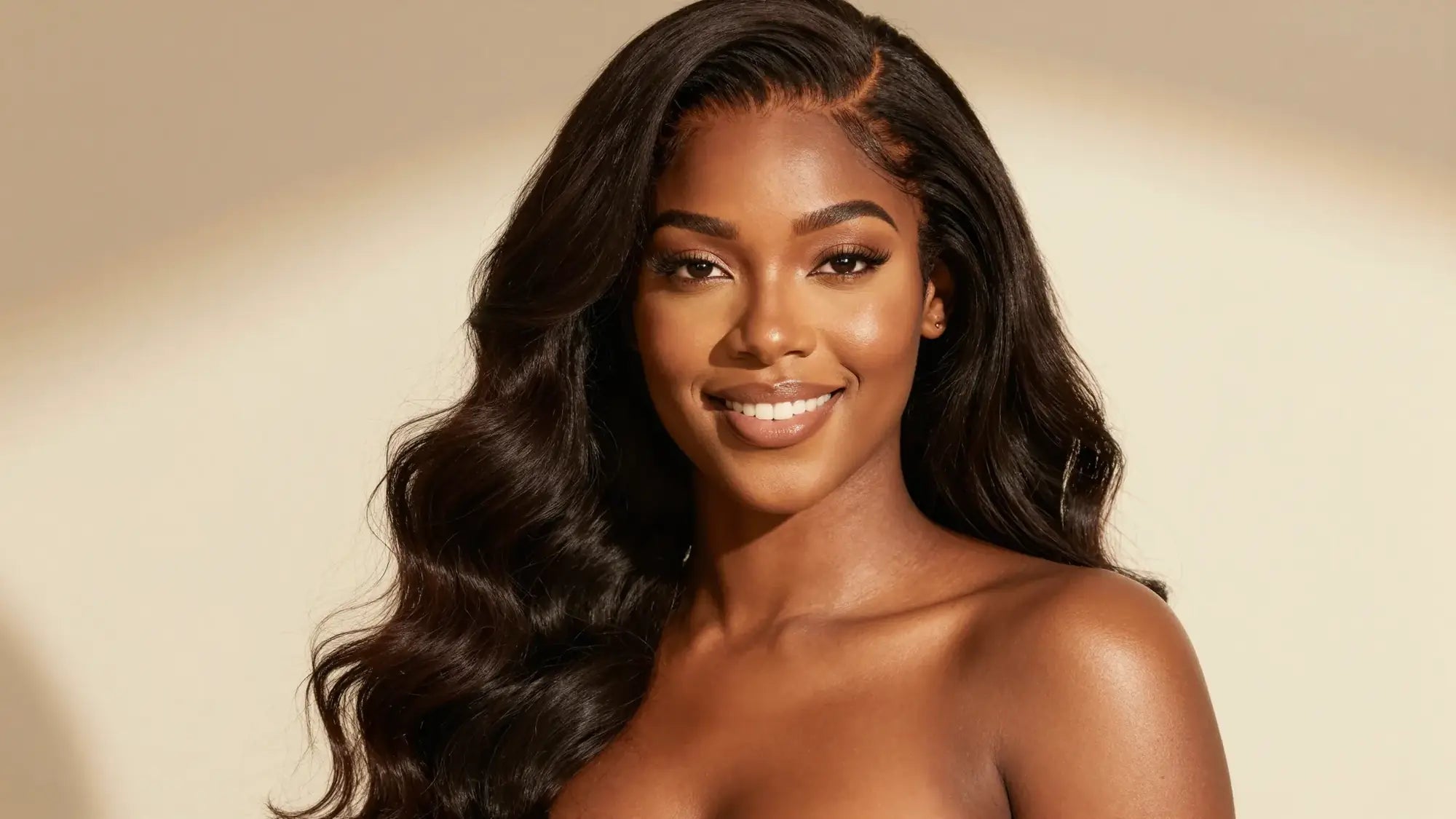 A confident woman wearing a natural human hair wig